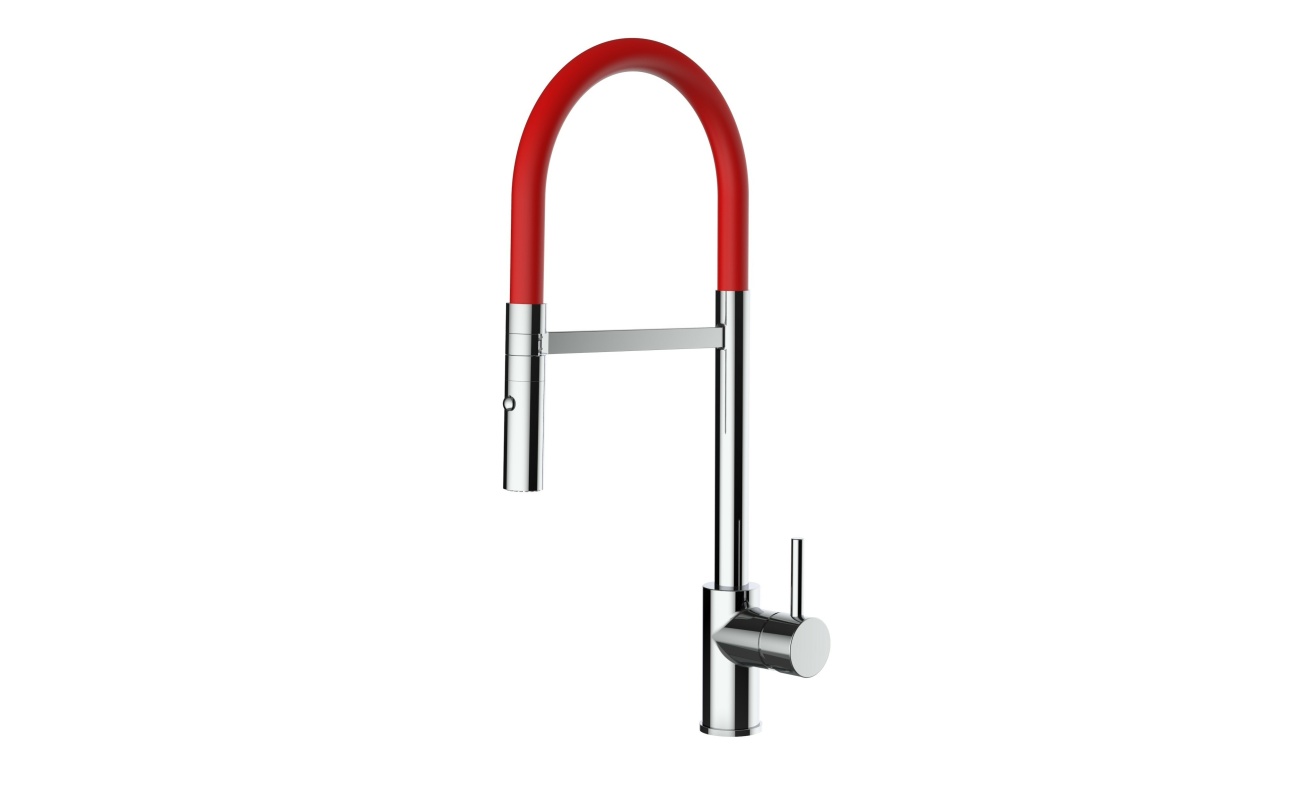 Design Küchenarmatur chrom Wasserhahn mit 360° schwenkbarer Auslauf und 2 strahl Handbrause - Brauseschlauch in Rot