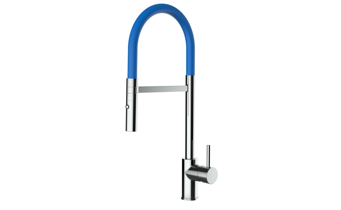 Design Küchenarmatur chrom Wasserhahn mit 360° schwenkbarer Auslauf und 2 strahl Handbrause - Brauseschlauch in Blau