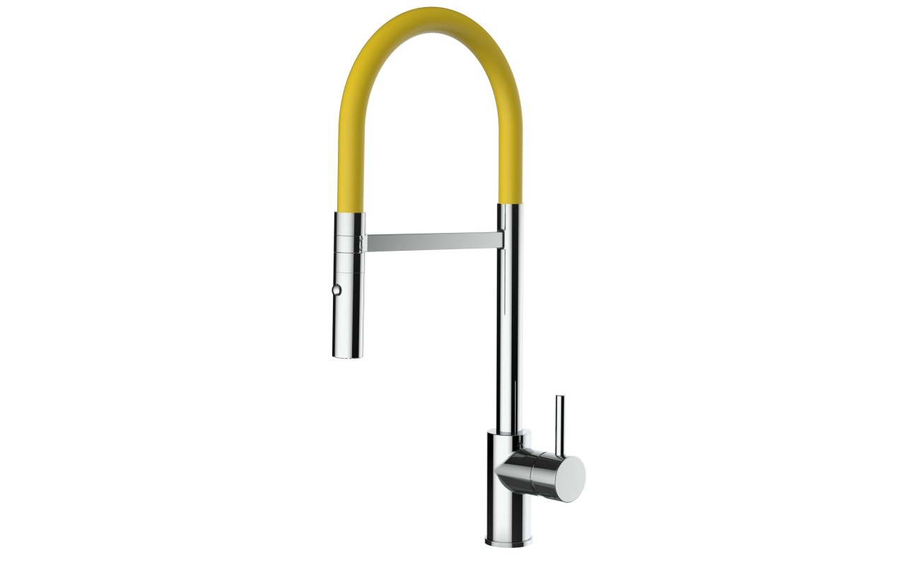 Design Küchenarmatur chrom Wasserhahn mit 360° schwenkbarer Auslauf und 2 strahl Handbrause - Brauseschlauch in Gelb