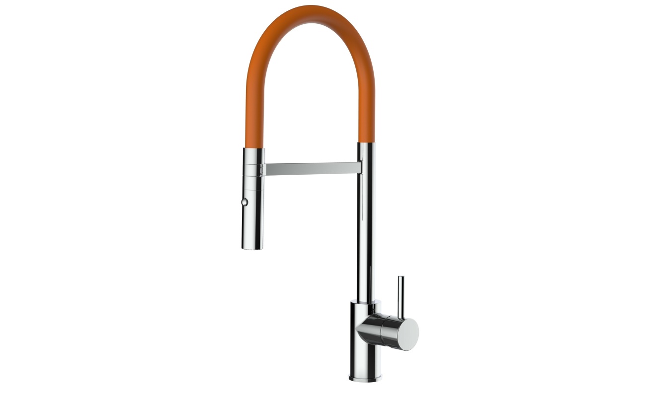 Design Küchenarmatur chrom Wasserhahn mit 360° schwenkbarer Auslauf und 2 strahl Handbrause - Brauseschlauch in Orange
