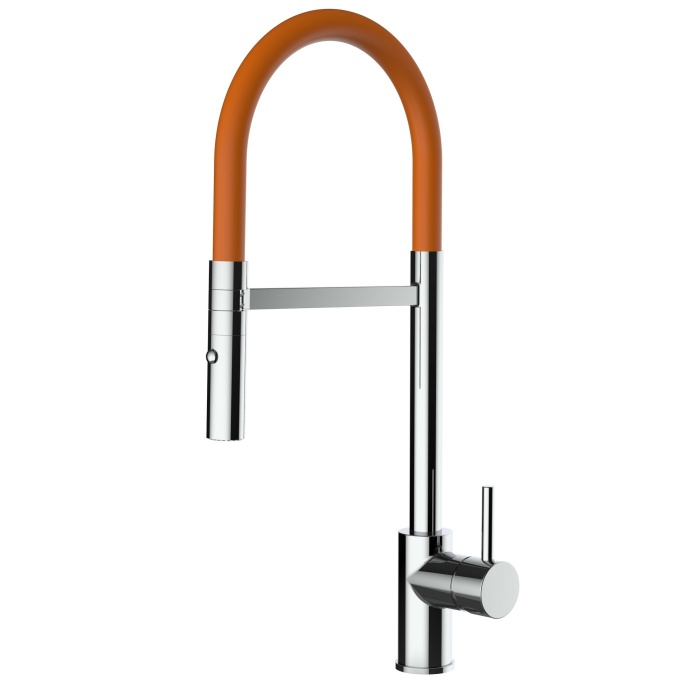Design Küchenarmatur chrom Wasserhahn mit 360° schwenkbarer Auslauf und 2 strahl Handbrause - Brauseschlauch in Orange