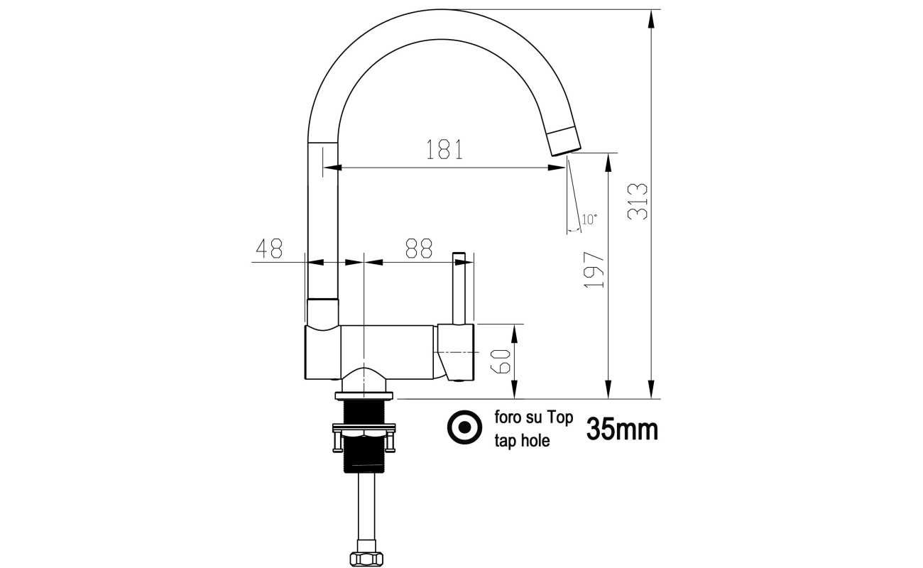 NIEDERDRUCK Unterfenster Küchenarmatur mit abschwenkbarer Auslauf - Gesamthöhe abgeschwenkt 6cm - Auslauf drehbar 360°