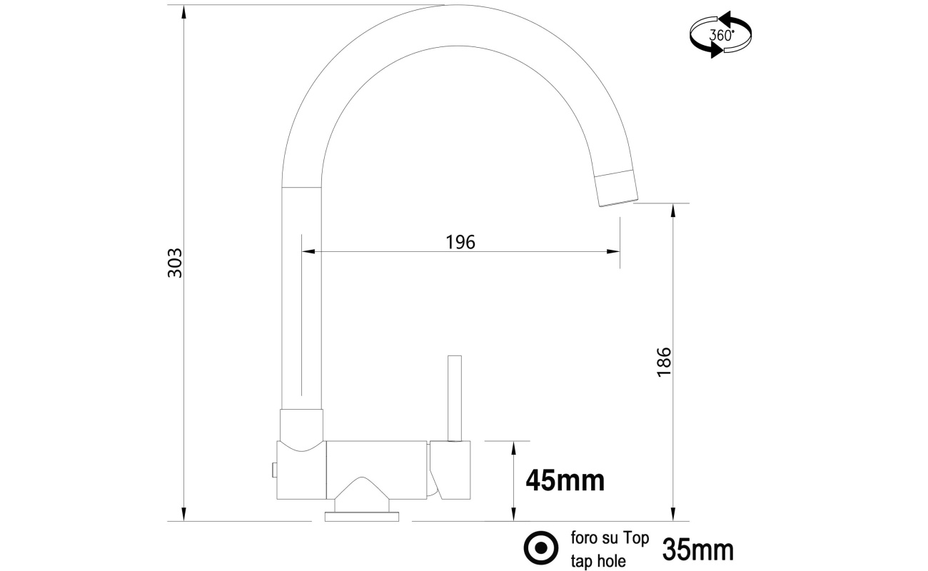 Unterfenster Küchenarmatur mit abschwenkbarer Auslauf - Gesamthöhe abgeschwenkt 4,5 cm - Auslauf drehbar 360°