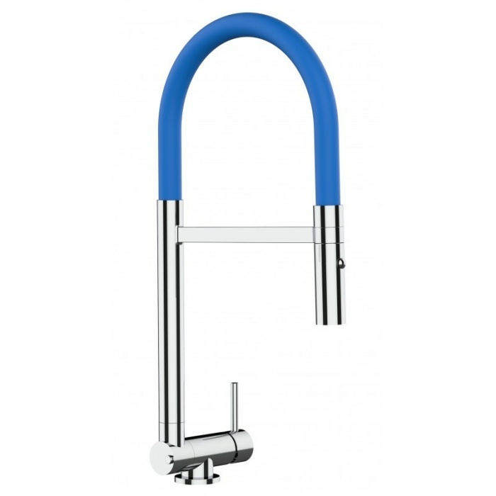 Unterfenster Küchenarmatur mit blau abschwenkbarer Auslauf und abnehmbarer 2 strahl Handbrause - Gesamthöhe abgeschwenkt 4,5 cm