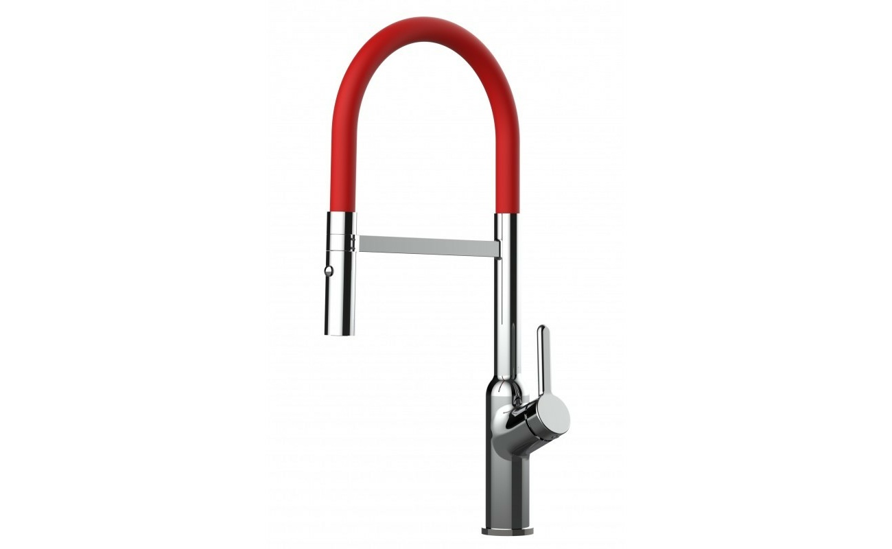 Design Küchenarmatur chrom Wasserhahn mit 360° schwenkbarer Auslauf und 2 strahl Handbrause - Brauseschlauch in rot