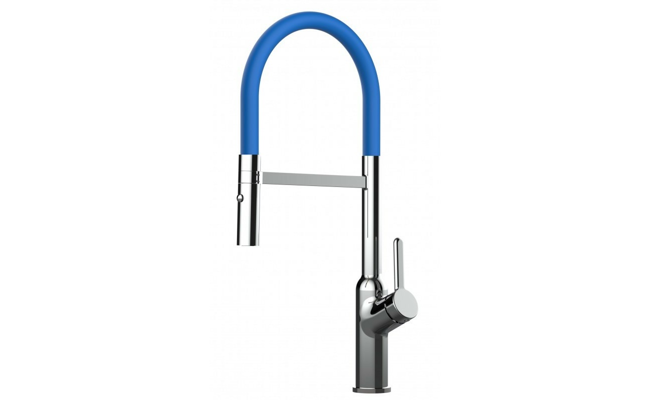 Design Küchenarmatur chrom Wasserhahn mit 360° schwenkbarer Auslauf und 2 strahl Handbrause - Brauseschlauch in blau