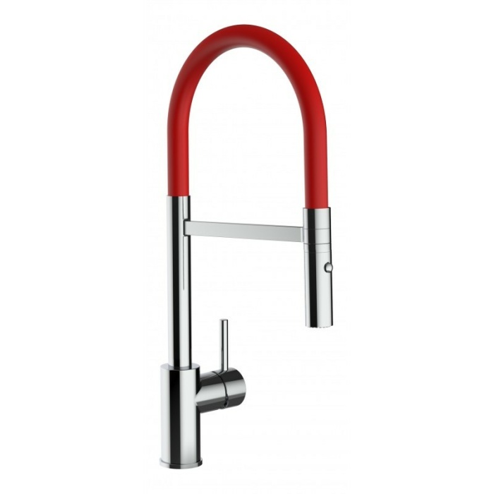 Low-Version 43 cm - Küchenarmatur chrom Wasserhahn mit rot schwenkbarer Auslauf und abnehmbarer 2 strahl Handbrause