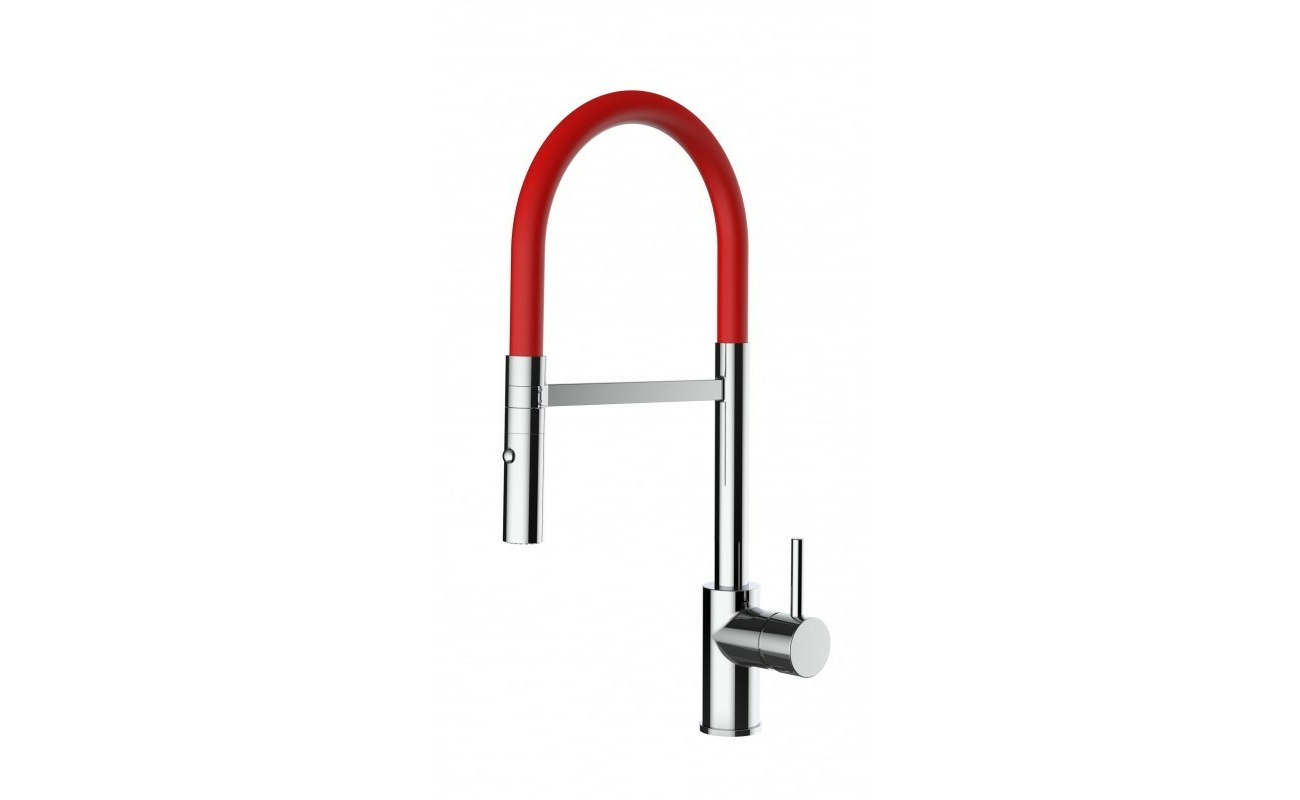 Low-Version 43 cm - Küchenarmatur chrom Wasserhahn mit rot schwenkbarer Auslauf und abnehmbarer 2 strahl Handbrause