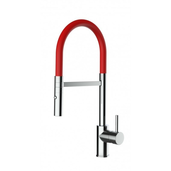 Low-Version 43 cm - Küchenarmatur chrom Wasserhahn mit rot schwenkbarer Auslauf und abnehmbarer 2 strahl Handbrause
