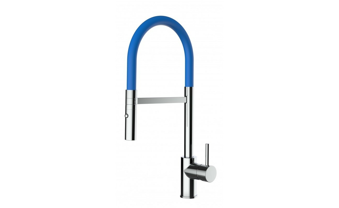 Low-Version 43 cm - Küchenarmatur chrom Wasserhahn mit blau schwenkbarer Auslauf und abnehmbarer 2 strahl Handbrause