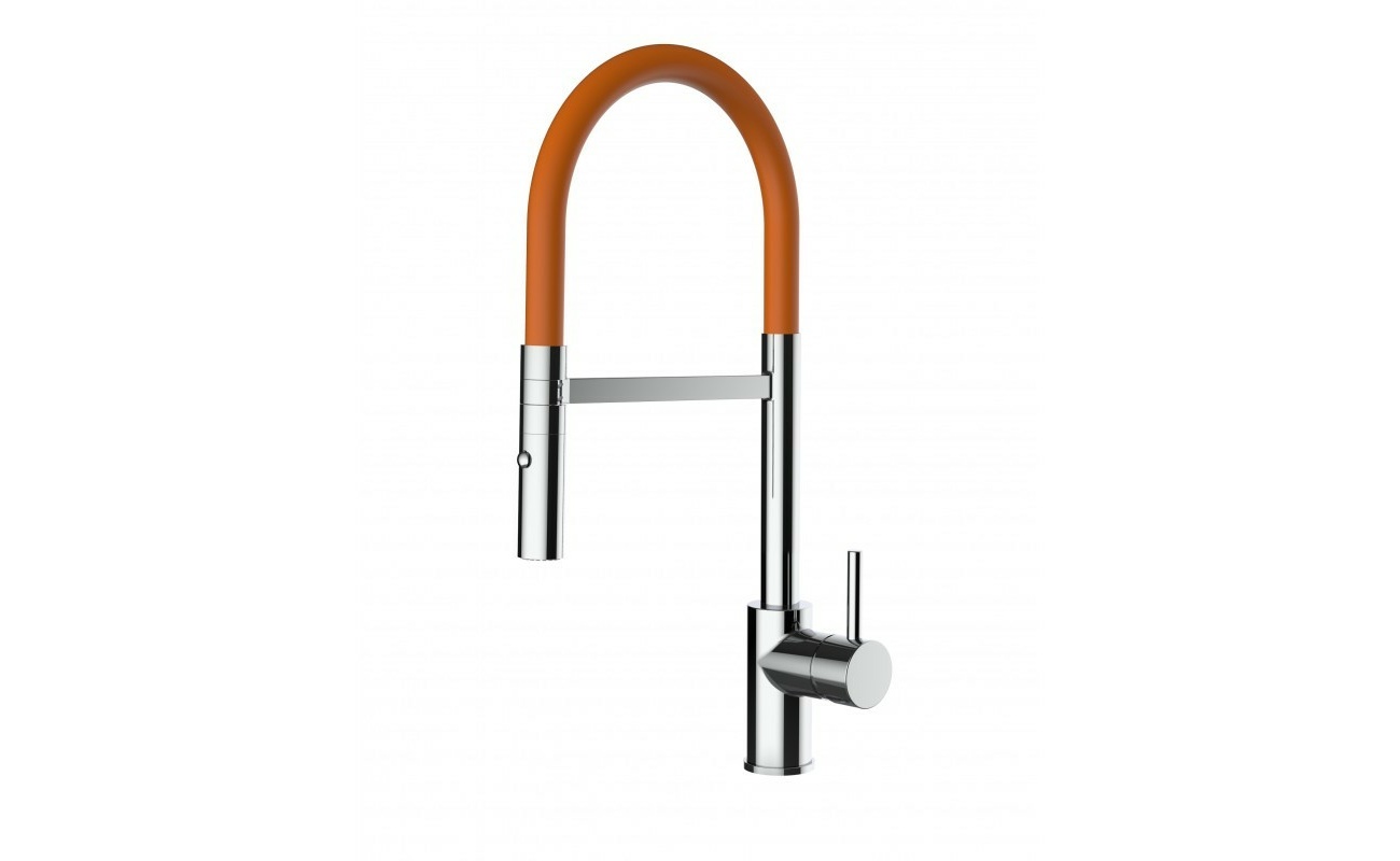 Low-Version 43 cm - Küchenarmatur chrom Wasserhahn mit orange schwenkbarer Auslauf und abnehmbarer 2 strahl Handbrause