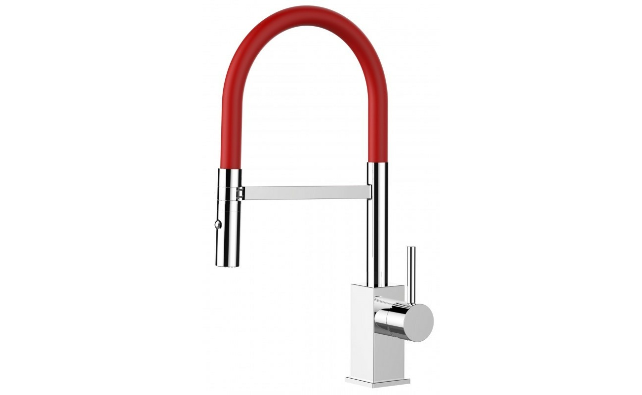 Low-Version 43,7 cm - Quadratischer Design Küchenarmatur Wasserhahn mit rot 360° schwenkbarer Auslauf und 2 strahl Handbrause