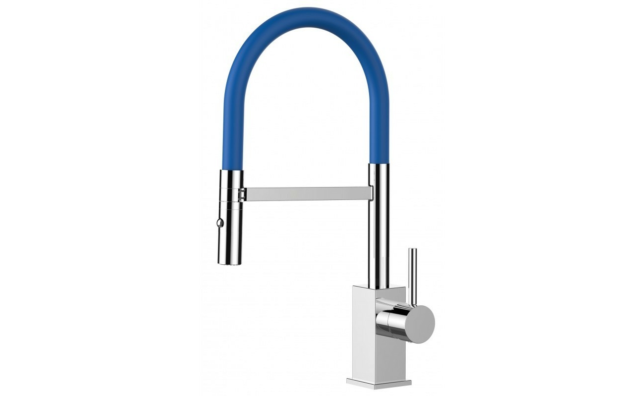 Low-Version 43,7 cm - Quadratischer Design Küchenarmatur Wasserhahn mit blau 360° schwenkbarer Auslauf und 2 strahl Handbrause