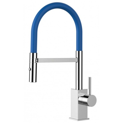 Low-Version 43,7 cm - Quadratischer Design Küchenarmatur Wasserhahn mit blau 360° schwenkbarer Auslauf und 2 strahl Handbrause