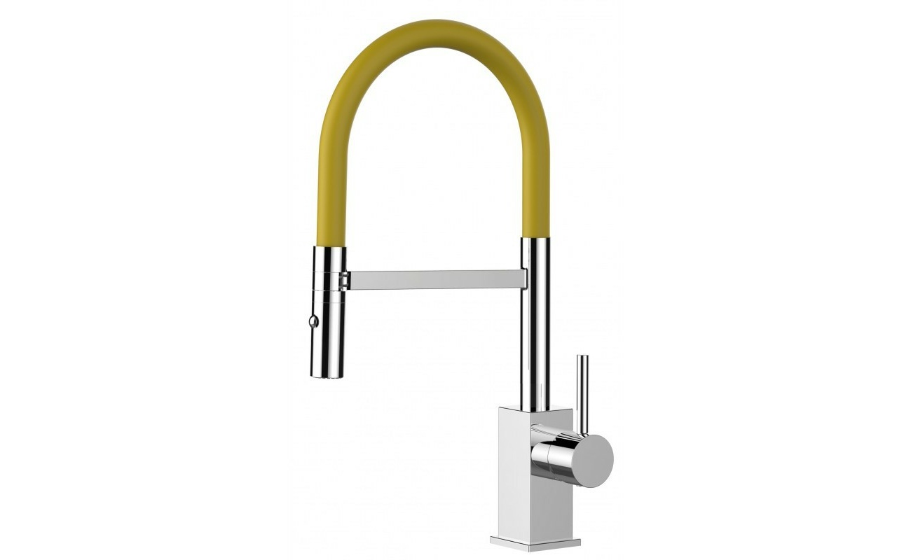 Low-Version 43,7 cm - Quadratischer Design Küchenarmatur Wasserhahn mit gelb 360° schwenkbarer Auslauf und 2 strahl Handbrause