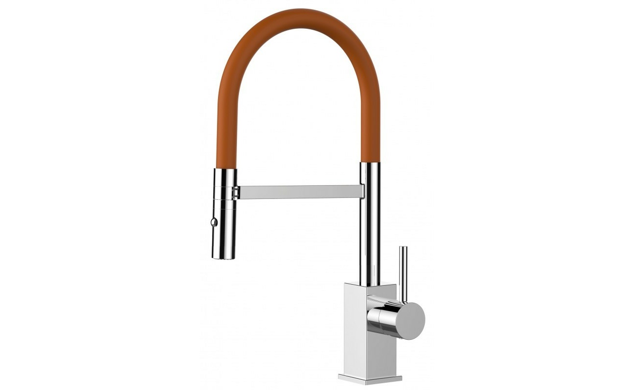 Low-Version 43,7 cm - Quadratischer Design Küchenarmatur Wasserhahn mit orange 360° schwenkbarer Auslauf und 2 strahl Handbrause