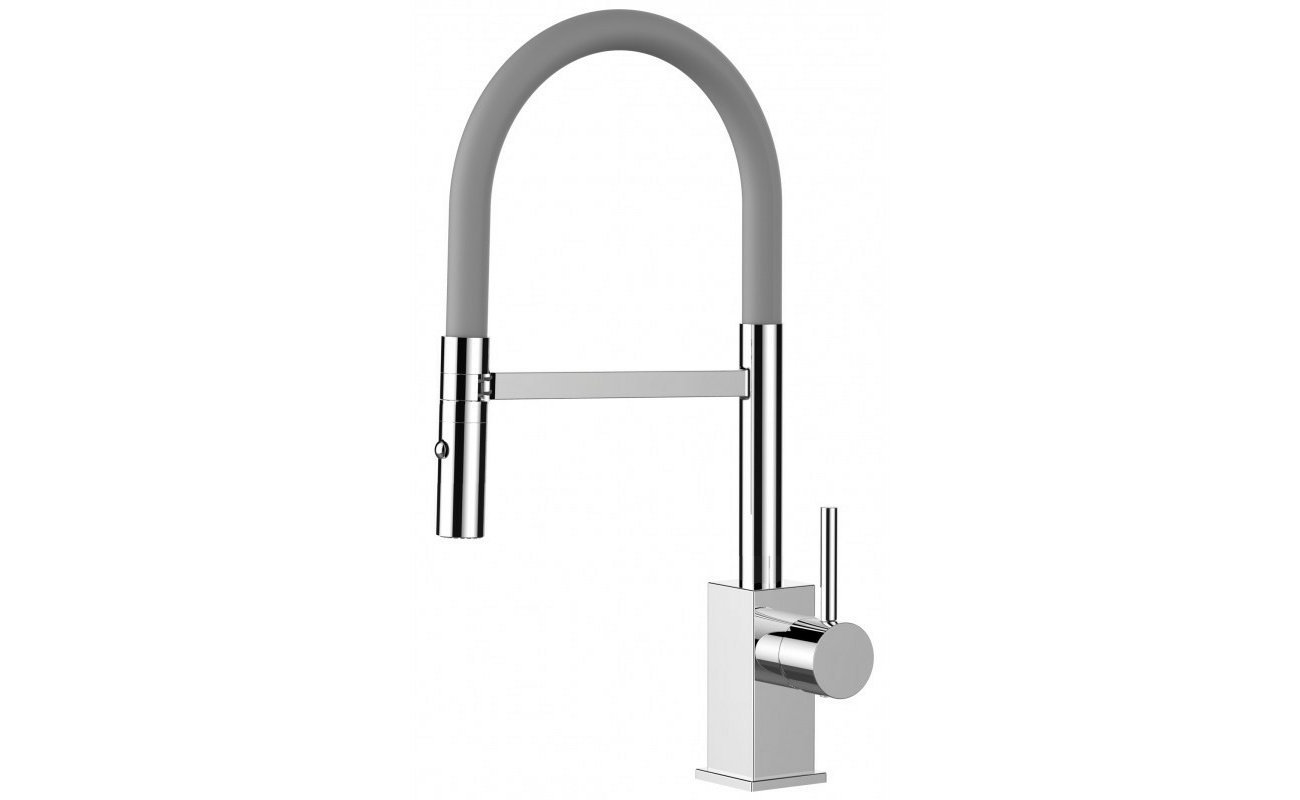 Low-Version 43,7 cm - Quadratischer Design Küchenarmatur Wasserhahn mit grau 360° schwenkbarer Auslauf und 2 strahl Handbrause