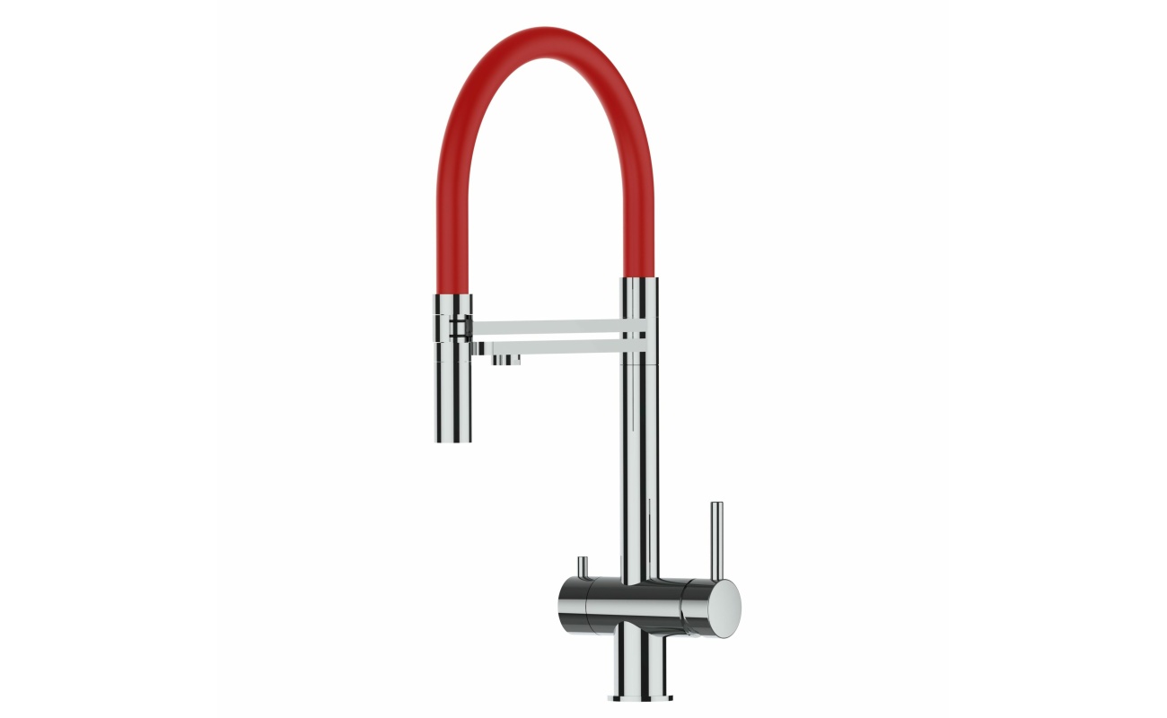 3-Wege-Wasserhahn Edelstahl Massiv Küchenarmatur, schwenkbarer Auslauf und abnehmbarer 2-strahl-Handbrause - Hochglanz / Rot
