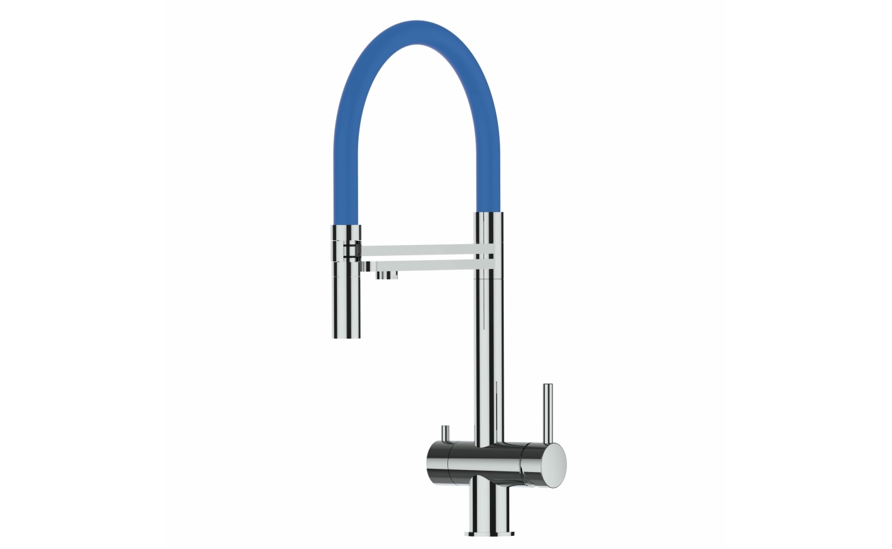 3-Wege-Wasserhahn Edelstahl Massiv Küchenarmatur, schwenkbarer Auslauf und abnehmbarer 2-strahl-Handbrause - Hochglanz / Blau