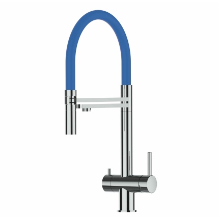 3-Wege-Wasserhahn Edelstahl Massiv Küchenarmatur, schwenkbarer Auslauf und abnehmbarer 2-strahl-Handbrause - Hochglanz / Blau