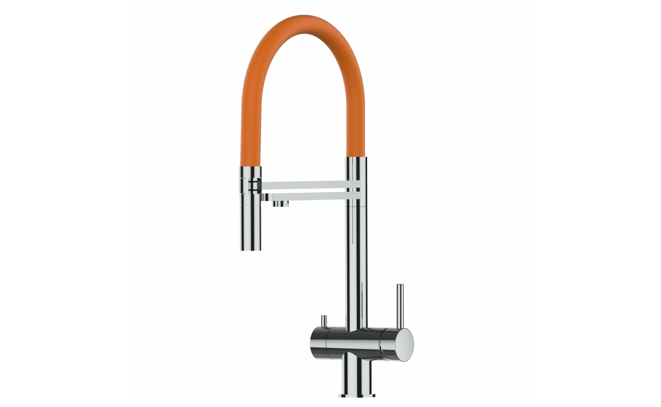 Grifo de cocina 3 vías cromado con caño alto giratorio 360° - muelle  flexible y ducha 2 chorros - doble conducto para sistemas de filtro agua