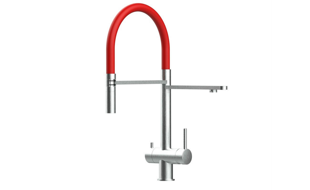3-Wege-Wasserhahn Edelstahl Massiv Küchenarmatur, schwenkbarer Auslauf und abnehmbarer 2-strahl-Handbrause - Gebürstet / Rot