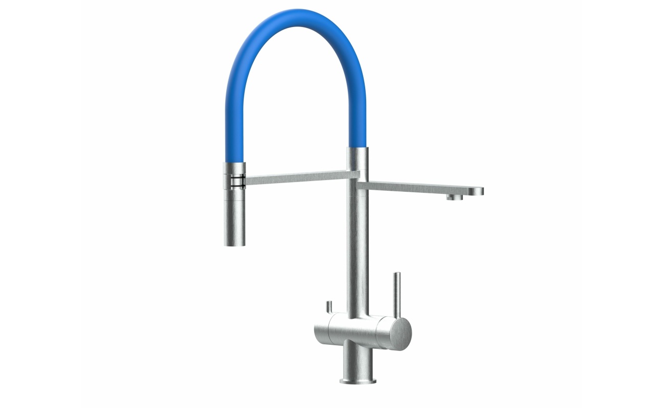 3-Wege-Wasserhahn Edelstahl Massiv Küchenarmatur, schwenkbarer Auslauf und abnehmbarer 2-strahl-Handbrause - Gebürstet / Blau