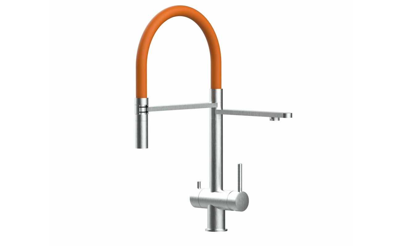 3-Wege-Wasserhahn Edelstahl Massiv Küchenarmatur, schwenkbarer Auslauf und abnehmbarer 2-strahl-Handbrause - Gebürstet / Orange