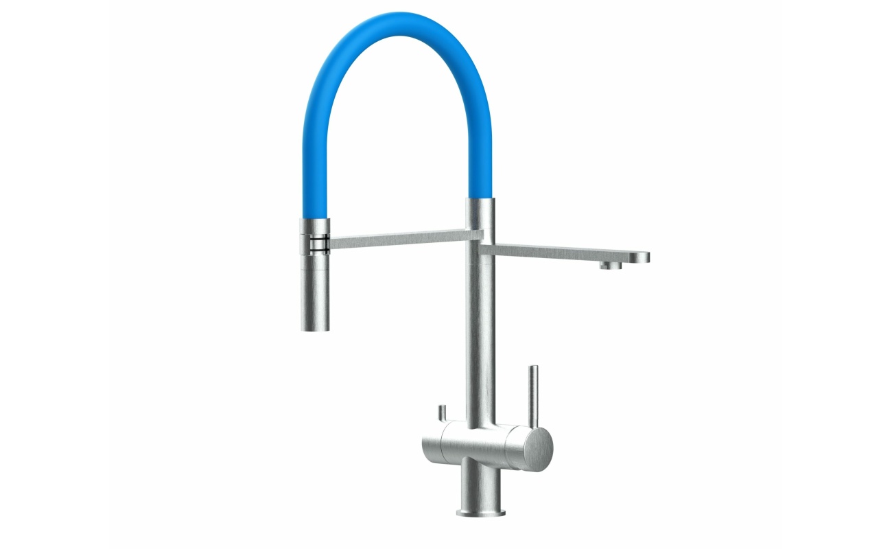 3-Wege-Wasserhahn Edelstahl Massiv Küchenarmatur, schwenkbarer Auslauf und abnehmbarer 2-strahl-Handbrause - Gebürstet/Hellblau