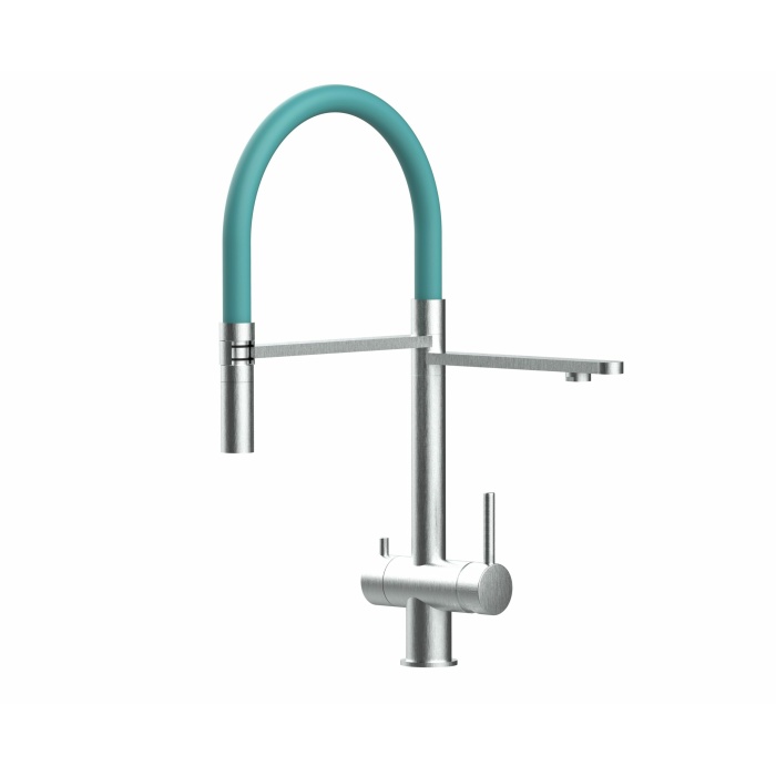 3-Wege-Wasserhahn Edelstahl Massiv Küchenarmatur, schwenkbarer Auslauf und abnehmbarer 2-strahl-Handbrause - Gebürstet / Türkis