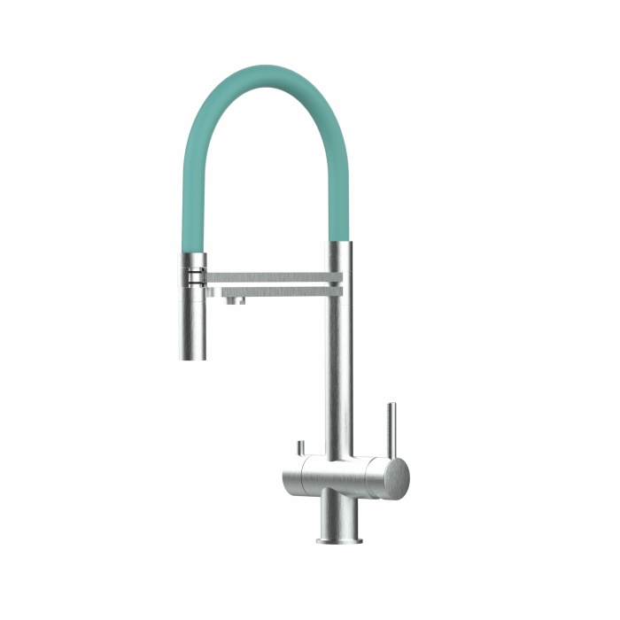 3-Wege-Wasserhahn Edelstahl Massiv Küchenarmatur, schwenkbarer Auslauf und abnehmbarer 2-strahl-Handbrause - Gebürstet / Türkis