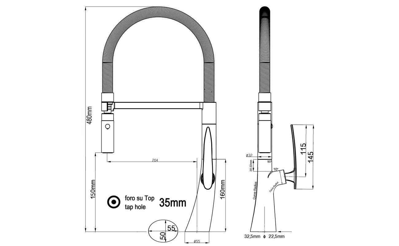 nur 48cm hoch! - Organic Design Küchenmischer mit türkis 360° schwenkbarer Auslauf und abnehmbarer 2 strahl Handbrause