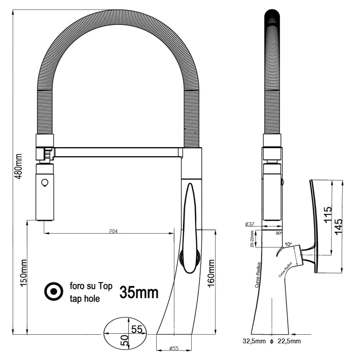 nur 48cm hoch! - Organic Design Küchenmischer mit orange 360° schwenkbarer Auslauf und abnehmbarer 2 strahl Handbrause