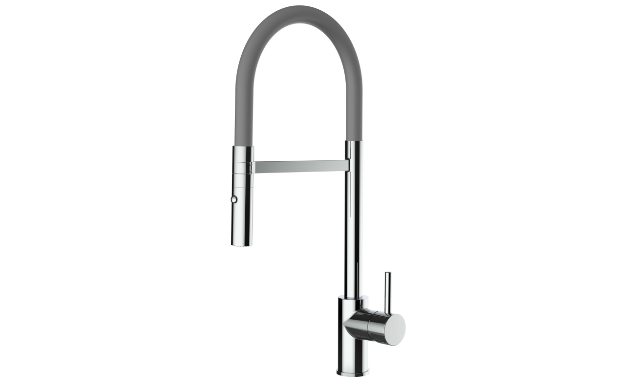 Design Küchenarmatur chrom Wasserhahn mit 360° schwenkbarer Auslauf und 2 strahl Handbrause - Brauseschlauch in Grau