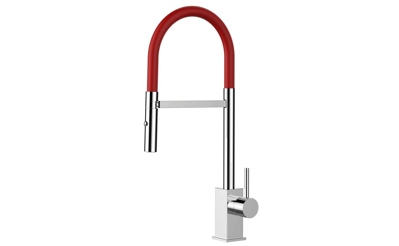 Quadratischer Design Küchenarmatur chrom Wasserhahn mit rot 360° schwenkbarer Auslauf und 2 strahl Handbrause