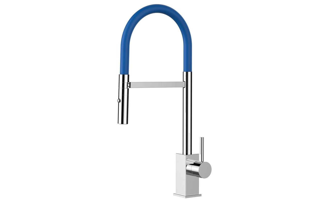 Quadratischer Design Küchenarmatur chrom Wasserhahn mit blau 360° schwenkbarer Auslauf und 2 strahl Handbrause
