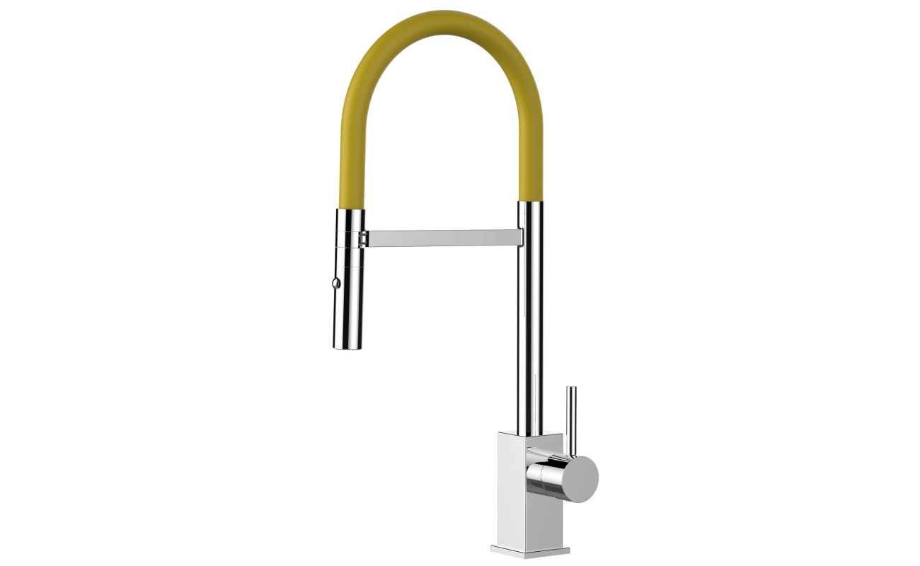 Quadratischer Design Küchenarmatur chrom Wasserhahn mit gelb 360° schwenkbarer Auslauf und 2 strahl Handbrause