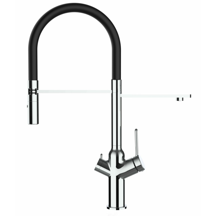 4-Wege-Wasserhahn Chrom Küchenarmatur für Trinkwasseranlagen, schwarz schwenkbarer Auslauf und abnehmbarer 2-strahl-Handbrause