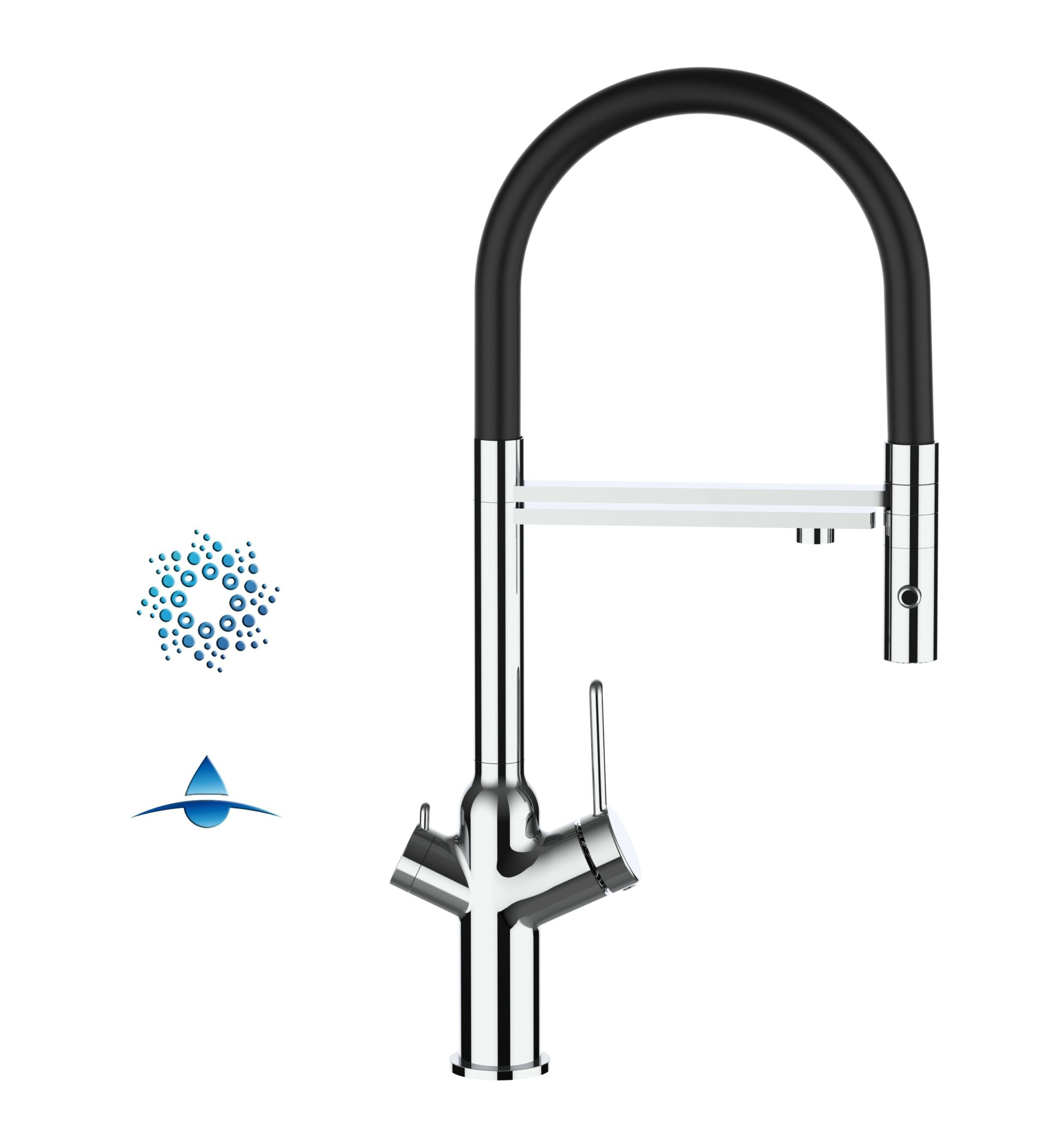 4 Way Kitchen Filter Tap, BOD, with 360° swivel spout and 2-jets removable  Spray, Chrome / Black - Viziotechnik