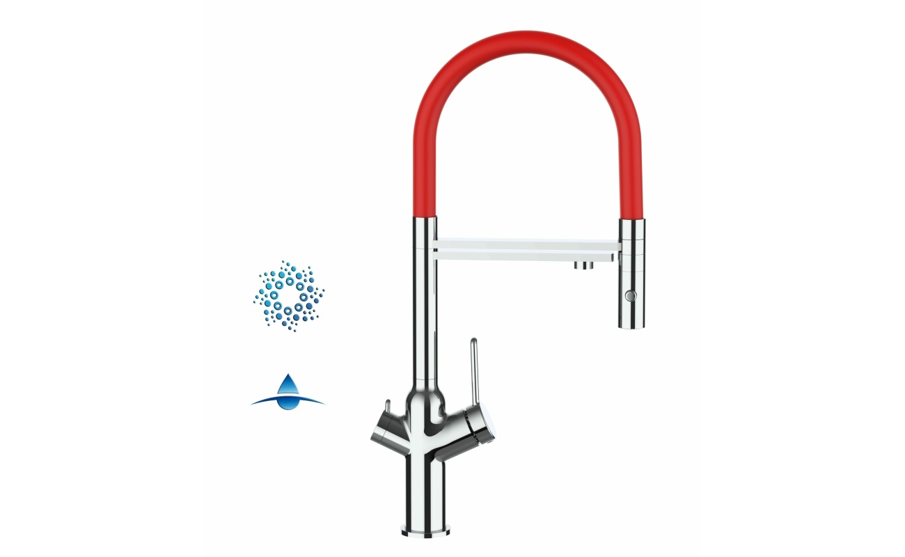 4-Wege-Wasserhahn Chrom Küchenarmatur für Trinkwasseranlagen, rot schwenkbarer Auslauf und abnehmbarer 2-strahl-Handbrause
