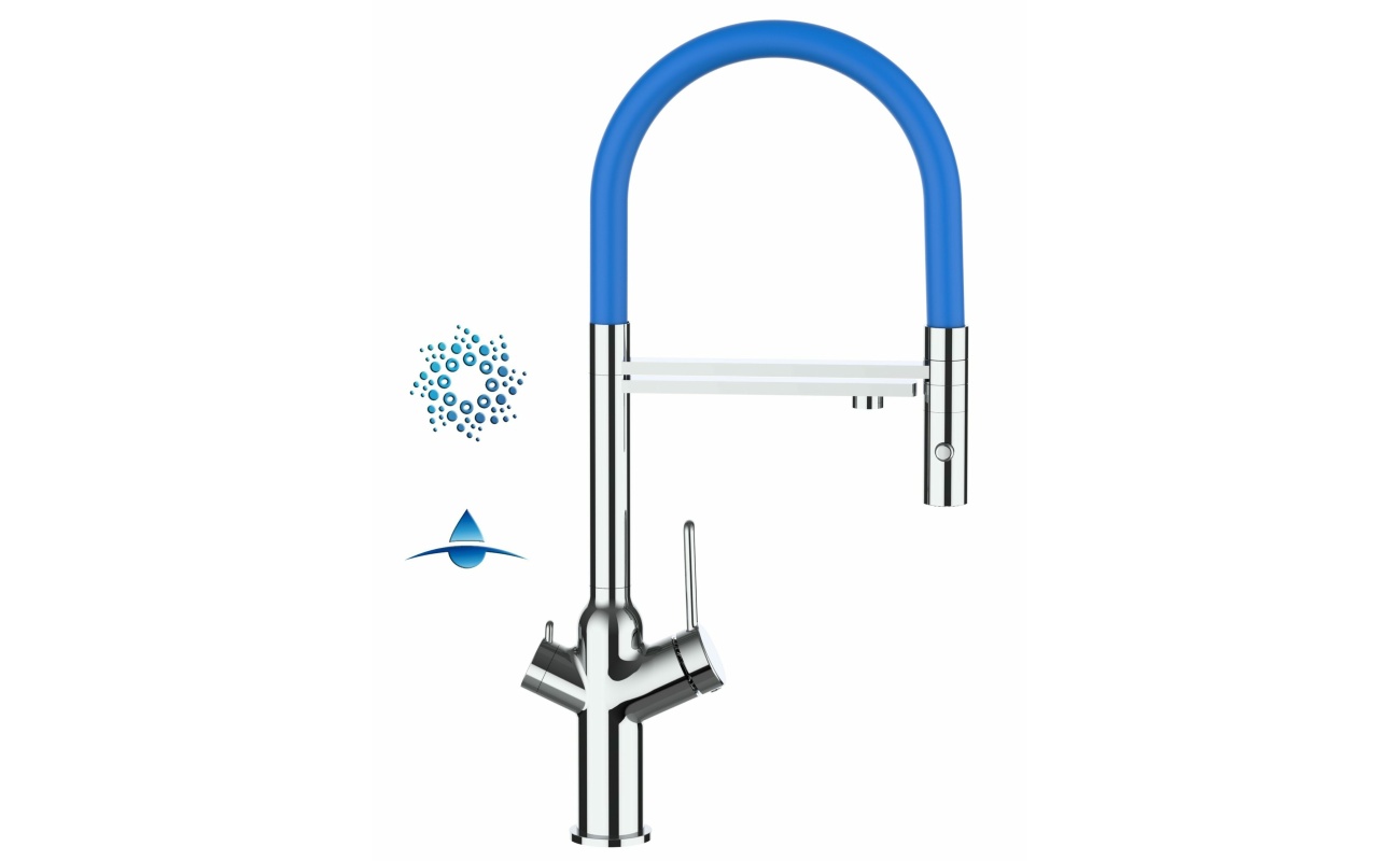 4-Wege-Wasserhahn Chrom Küchenarmatur für Trinkwasseranlagen, blau schwenkbarer Auslauf und abnehmbarer 2-strahl-Handbrause
