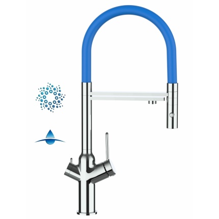 4-Wege-Wasserhahn Chrom Küchenarmatur für Trinkwasseranlagen, blau schwenkbarer Auslauf und abnehmbarer 2-strahl-Handbrause
