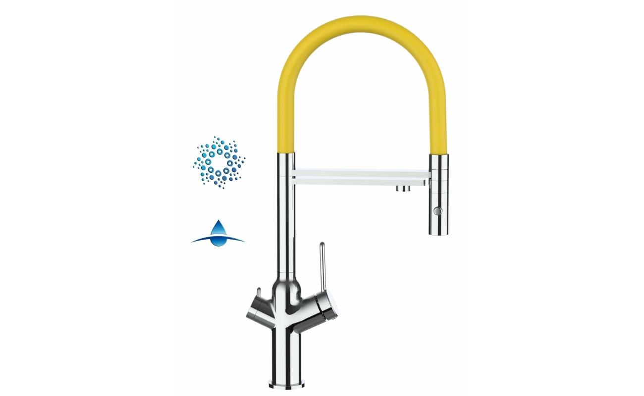 4-Wege-Wasserhahn Chrom Küchenarmatur für Trinkwasseranlagen, gelb schwenkbarer Auslauf und abnehmbarer 2-strahl-Handbrause