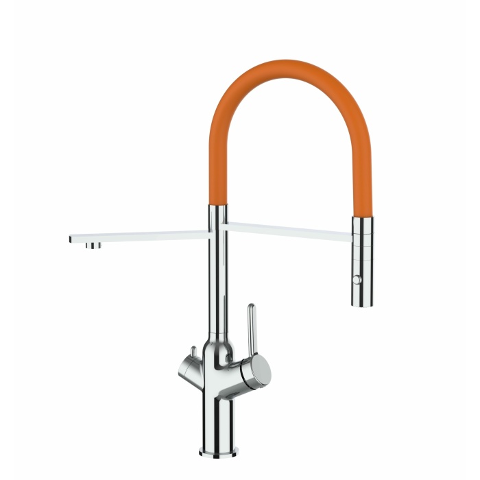 4-Wege-Wasserhahn Chrom Küchenarmatur für Trinkwasseranlagen, orange schwenkbarer Auslauf und abnehmbarer 2-strahl-Handbrause