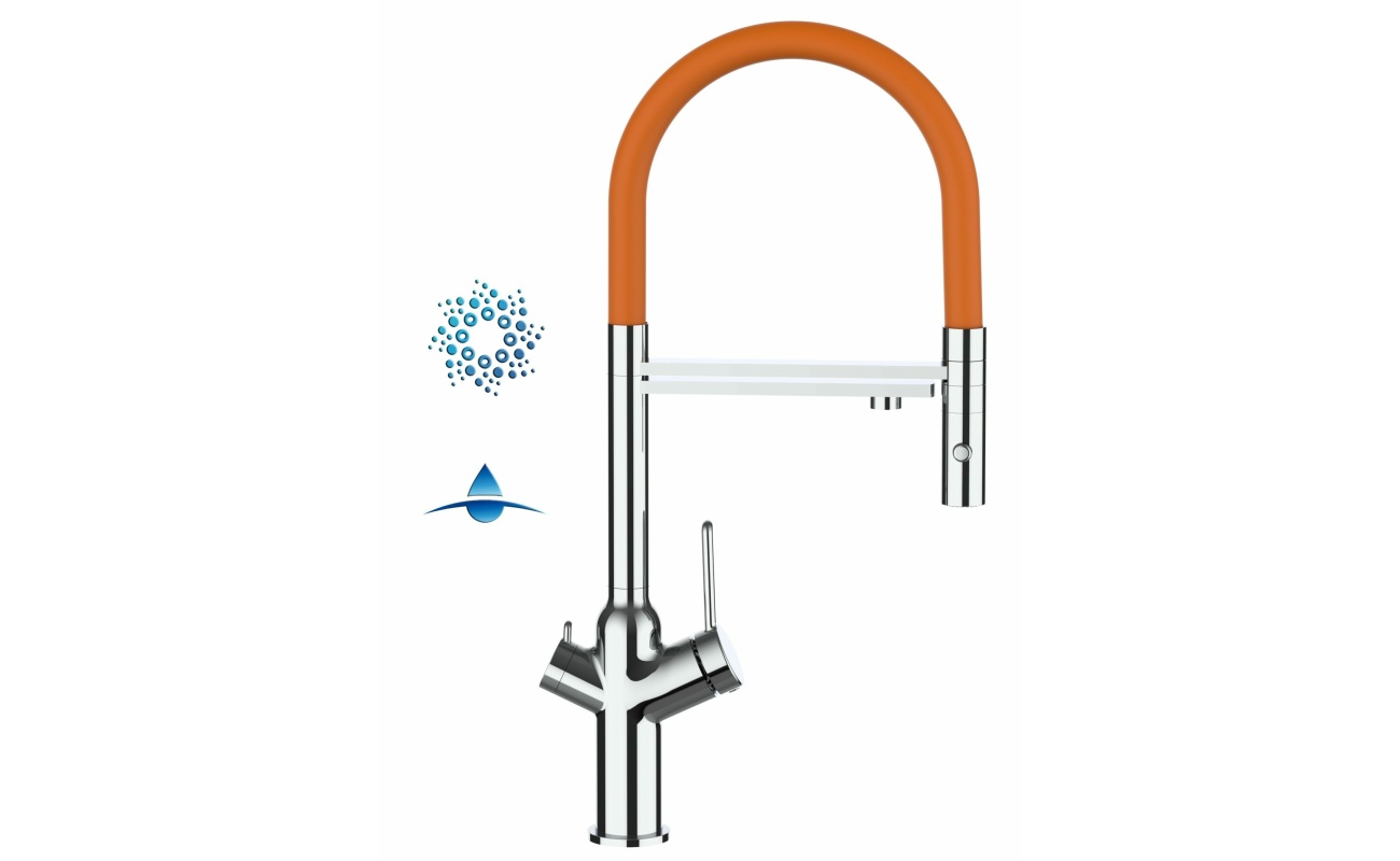 4-Wege-Wasserhahn Chrom Küchenarmatur für Trinkwasseranlagen, orange schwenkbarer Auslauf und abnehmbarer 2-strahl-Handbrause