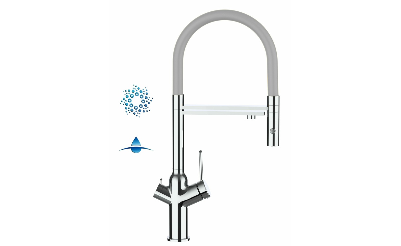 4-Wege-Wasserhahn Chrom Küchenarmatur für Trinkwasseranlagen, grau schwenkbarer Auslauf und abnehmbarer 2-strahl-Handbrause