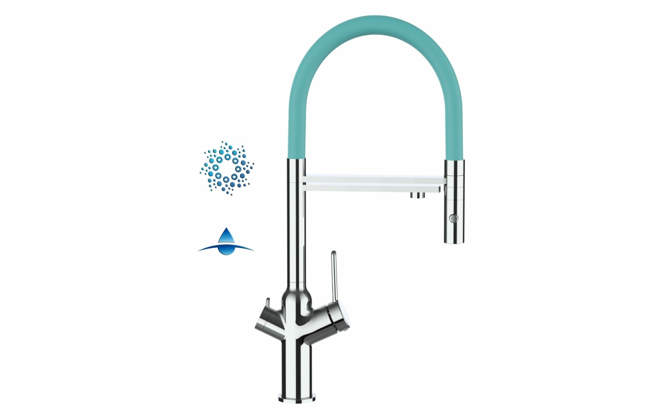 4-Wege-Wasserhahn Chrom Küchenarmatur für Trinkwasseranlagen, Türkis schwenkbarer Auslauf und abnehmbarer 2-strahl-Handbrause