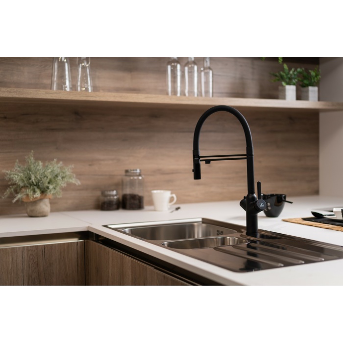 4-Wege-Wasserhahn Matt-Schwarz Küchenarmatur für Trinkwasseranlagen, weiß schwenkbarer Auslauf abnehmbarer 2-strahl-Handbrause