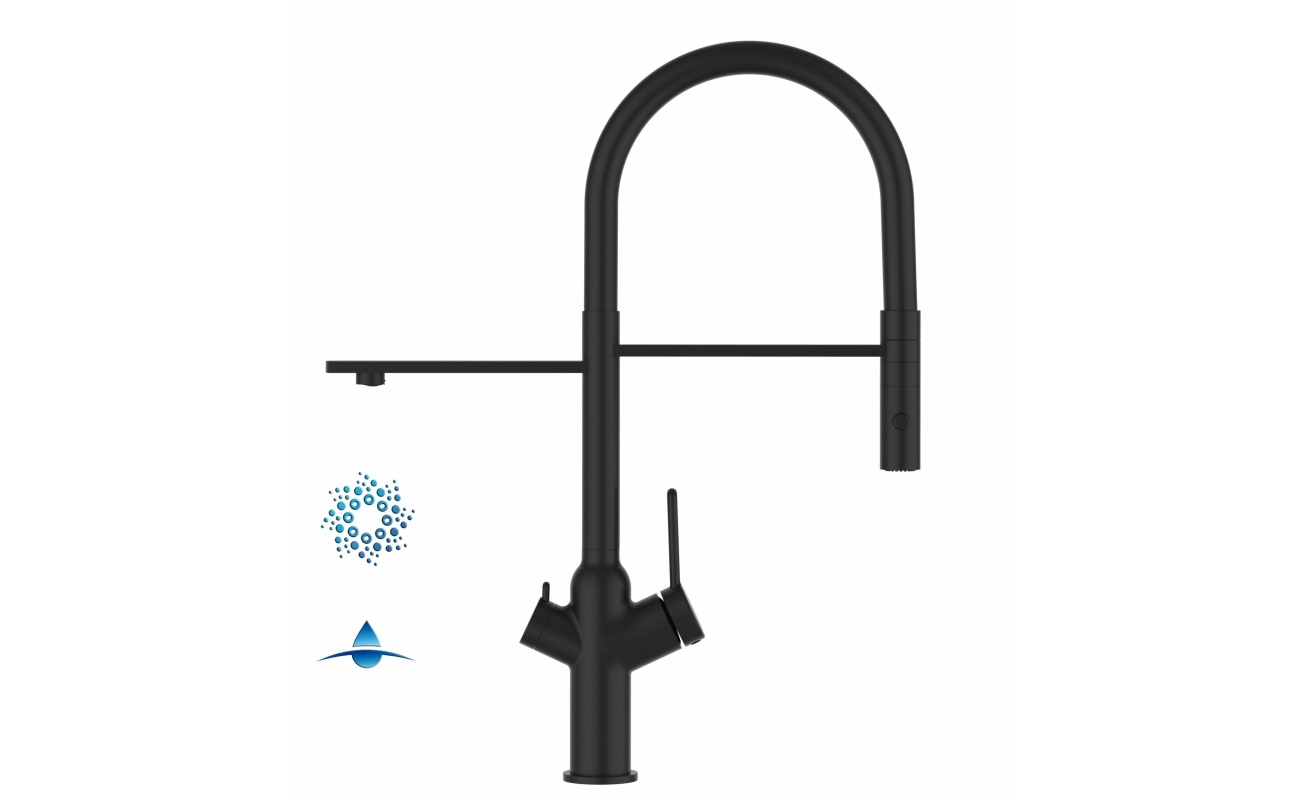4-Wege-Wasserhahn Matt-Schwarz Küchenarmatur für Trinkwasseranlagen, schwarz schwenkbarer Auslauf abnehmbarer 2Strahl-Handbrause