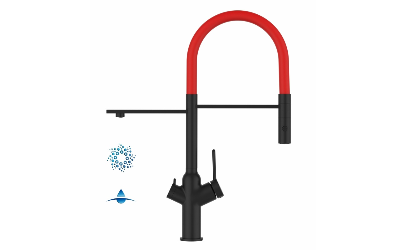 4-Wege-Wasserhahn Matt-Schwarz Küchenarmatur für Trinkwasseranlagen, rot schwenkbarer Auslauf abnehmbarer 2Strahl-Handbrause